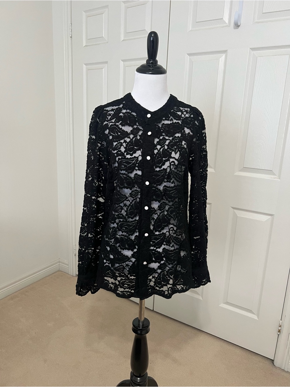 Black Lace Button-Front Women's Blouse - Classic Sheer Style
